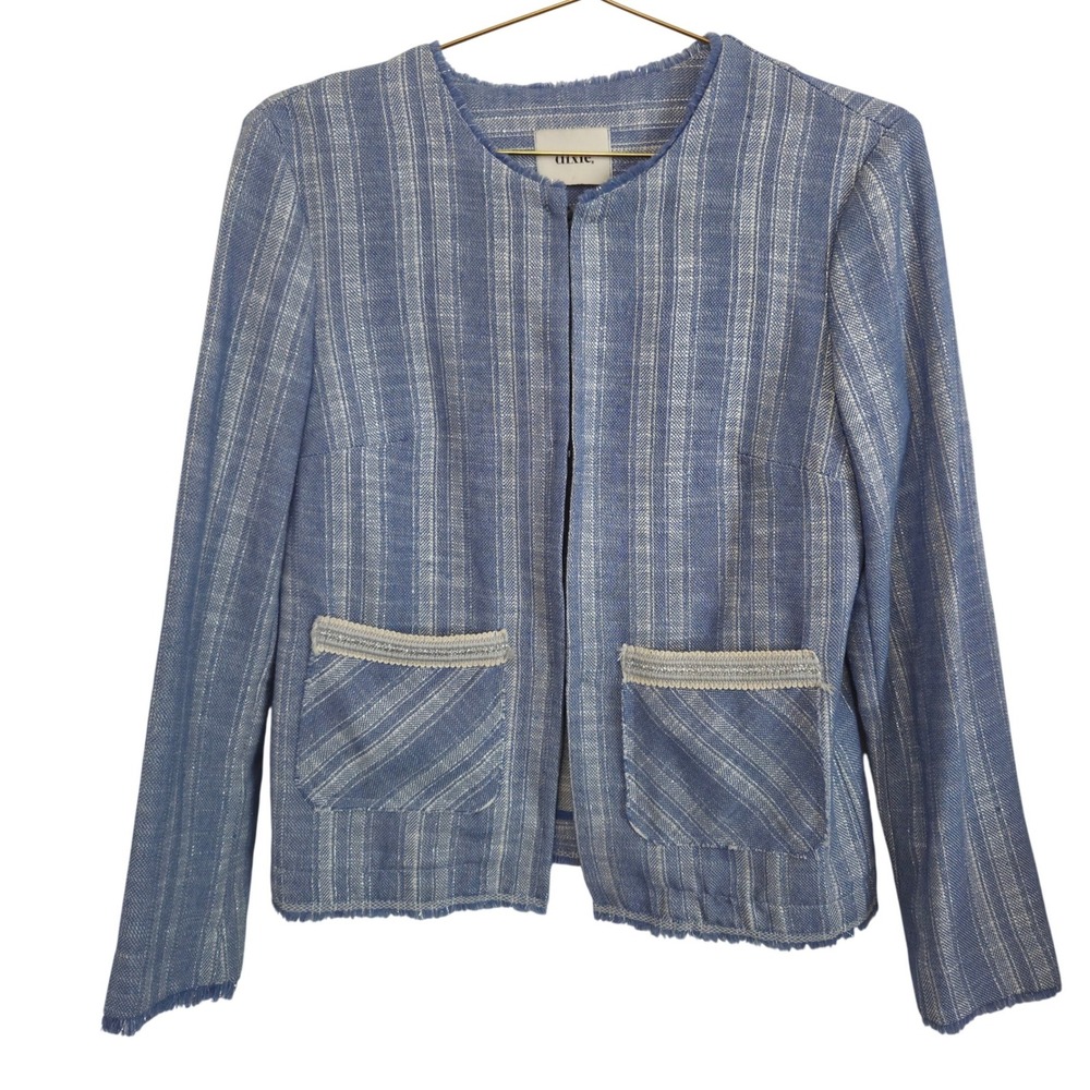 Dixie Italy Blue‎ White Striped Metallic Tweed Open Front Fringe Jacket Small